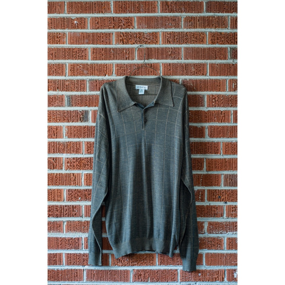 Anthology Mens XL Silk Knit Polo Sweater Long Sleeve Grid Olive Brown RN 78987